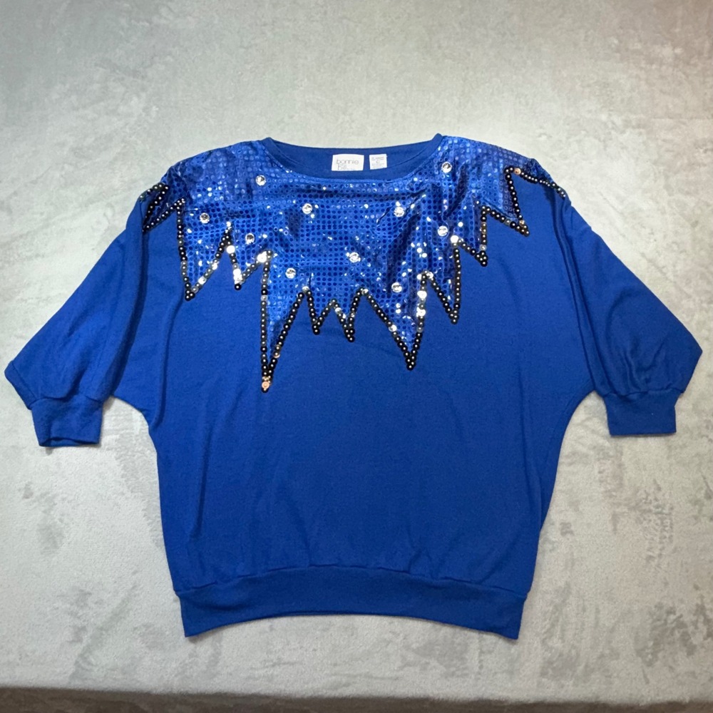Vintage 80s Royal Blue Sequin‎ Batwing Top Rhinestone Sparkle Party Shirt Large